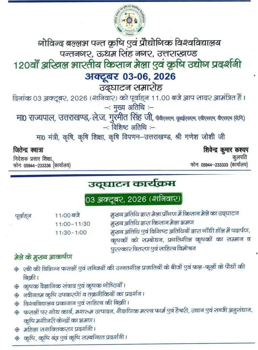 पंतनगर में चार दिन तक दिखेगा कृषि नवाचारों का दम, राज्यपाल करेंगे किसान मेले का उद्घाटन